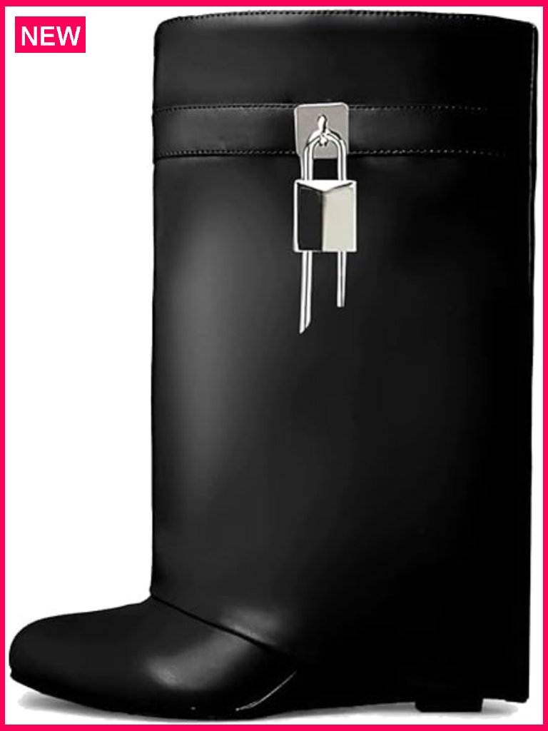 Fold Over Wedge Heel Ankle Booties Wide Calf With Padlock Chain